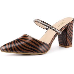 Perphy Zebra Print Rhinestones Straps Pointy Toe Chunky Heel Mules for Women