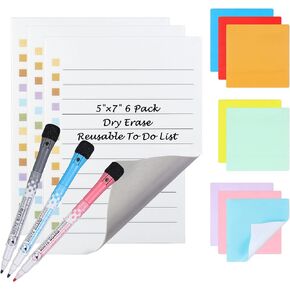 Yoption 3pcs Dry Erase to Do List 5''x7'', 8pcs Dry Erase Sticky Notes 4''x4'' and 3 Markers, Set of 14, Reusable Whiteboard Stickers Lined Stickies Planner for Wall, Fridge, Mirror, Desk, Glass