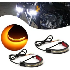 2Pcs Motorcycle LED Fork Turn Signal Blinkers Strip tail Lights Bars kit Lamps Daytime running lights Flexible Switchback Dual-Color White & Amber lights Universal Fit Motorbike (39mm-70mm)