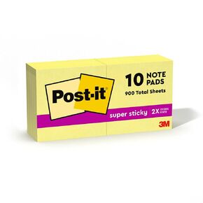 Post-it Super Sticky Notes, 10 Sticky Note Pads, 3 x 3 in., School Supplies for Students, Ideal for Textbooks, Notebooks, Walls and Vertical Surfaces, Canary Yellow