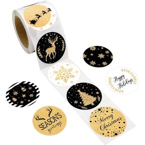 Christmas Stickers for Envelopes Holiday Labels 500PCS Black & Gold Seals Faux Glitter for Holiday Christmas Party Decoration