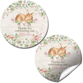 Watercolor Floral Little Deer Thank You Sticker Labels for Girls, 40 2" Party Circle Stickers by AmandaCreation, Great for Party Favors, Envelope Seals & Goodie Bags