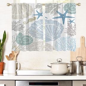 AAtter Beach Window Curtain for Kitchen Coastal Ocean Nautical Seashell Starfish Coral Small Short Home Living Room Bedroom Bathroom Drapes Treatment Tiers Fabric 1 Pair, 27.5" W x 39" L, Vintage