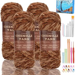 4 * 3.35oz/100g Chenille Yarn, Velvet Yarn, Chenille Yarn for Crocheting, Blanket Yarn with Big Eye Needles, Stitch Markers, Soft Chenille Yarn for Crocheting Weaving Craft Blankets (Black)