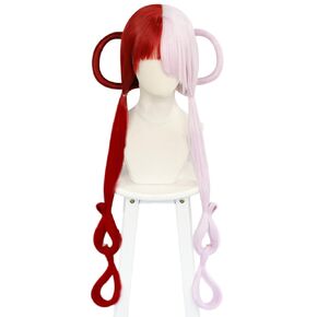JoneTing Uta Wig +(Wig Cap) Half Pink and Red Wig for Cosplay Costume Women Synthetic Uta Cosplay Wig with Bangs Red and Pink Wig for Anime Cosplay Peluca de Halloween Mitad Morada Mitad Roja