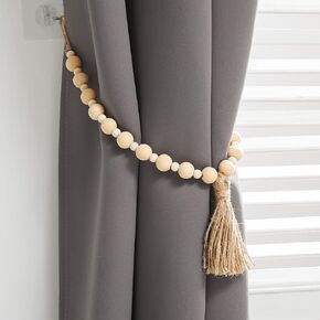 Set of 2 Curtain Tiebacks Natural Wood Bead with Jute Tassel Farmhouse Style New House Gift Home Décor Accessories Curtain Holdbacks for Drapes Sheer Blackout Curtain Natural Wood Color