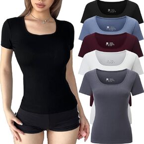 5pcs Women's Ribbed Short Sleeve Slim Fit T Shirt Square Neck Bodycon Crop Tunics Going Out Tops