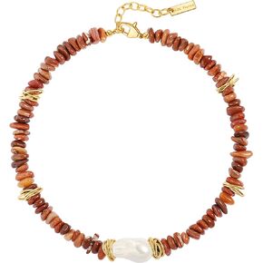Chunky Statement Stone Beaded Necklace, Big Baroque Pearl Gold Choker, Trendy Boho Colorful Stone Jewelry