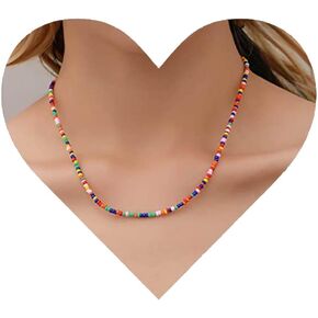 Vintage Seed Bead Chain Necklace Rainbow Seed Bead Necklace Multicolored Choker Necklace Rice Beaded Choker Necklace Jewelry for Women and Girls