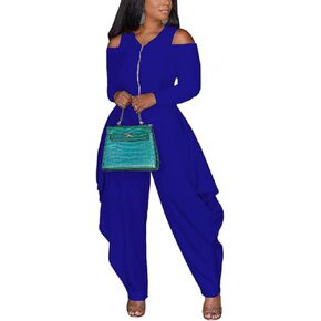 WOKANSE Women's Sexy Cold Shoulder Jumpsuits Zip Up Long Sleeve Solid Color Baggy Harem Pants Jumpsuit Long Romper