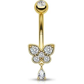 CM Crareesi Mania 10K الذهب حلقات زر البطن 14G حلقات البطن المتدلية واضحة تشيكوسلوفاكيا البطن ثقب المجوهرات للنساء 10K الذهب الأصفر فراشة خواتم السرة in Kuwait