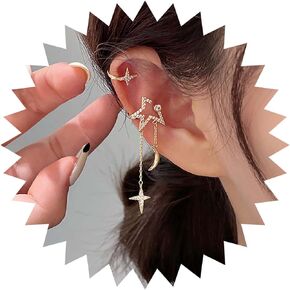 Boho Crystal Star Ear Cuff Earrings Vintage CZ Star Cuff On Earrings Gold Moon Star Tassel Chain Earrings Star No Piercing Clip On Earrings Jewelry for Women and Girls