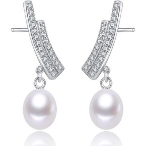 Freshwater Pearl Earrings for Women - Sterling Silver CZ Ear Cuff Stud, Climber Dangle Earrings