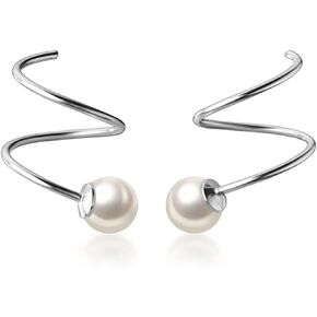 Reffeer Solid 925 Sterling Silver Fashion Pearl Earrings Cuff for Women Teen Girls Pearl Wrap Earrings Spiral Earrings