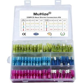 موصلات سلكية قابلة للانكماش بالحرارة من MuHize - مجموعة أطراف أسلاك كهربائية مطورة مقاومة للماء 220 قطعة (جديد 2024)، مجموعة وصلات مؤخرة الشوكة الحلقية المعزولة للسيارات والقوارب والشاحنات والستيريو والمفاصل in Kuwait
