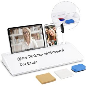 Desk Whiteboard Dry Erase Glass Desktop Whiteboard with Calculator, Desk Board with Storage Organized Notepad Desktop Keyboard Stand for Office School Accessories (White)