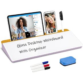 Desk Whiteboard Dry Erase Glass Desktop Whiteboard with Calculator, Desk Board with Storage Organized Notepad Desktop Keyboard Stand for Office School Accessories (White)