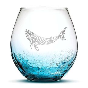 Integrity Bottles Tribal Whale Design Stemless Wine Glass, Handmade, Handblown, Hand Etched Gifts, Sand Carved, 18oz (Crackle Turquoise)