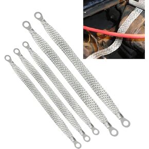 5 PCS Car Grounding Strap Kit, 10"/13" 220V Metal Flat Braided Soft Engine Ignition Coil Grounding Strap, Multifunctional Grounding Strap Accessory, Compatible with Trucks SUVs Cars (Silver)