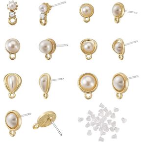 KISSITTY 24PCS Imitation Pearl Earring Studs Findings with 925 Sterling Silver Pin Golden Color Half Round Teardrop Flower Shape Ear Studs for Women Earrings Jewelry Making
