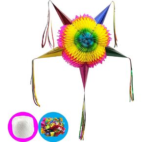 "VIVANCO Piñata Grande Cinco de Mayo: Colorful Mexican Star Pinata with Golden Cones, Handmade for Adults, Includes 1.1 Pounds of Confetti and 2 Packages of Mexican Party Banners. (Rainbow cones)
