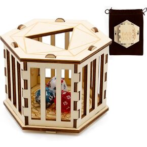 CASEMATIX DND Dice Jail for Up to 50 RPG Dice with Fabric Travel Bag - Wooden Jail Dice Cage with Laser-Etched Artwork for Misbehaving Roleplaying Dice