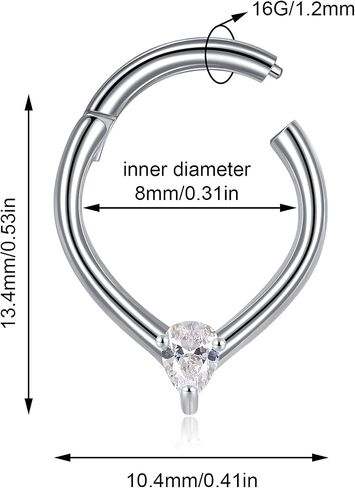 16G Teardrop Septum Ring Hoop Triangular Cubic Zirconia Surgical Steel Helix Rook Conch Cartilage Seamless Hinged Clicker Ear Piercing Jewelry in Saudi Arabia