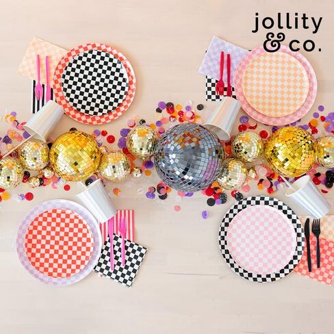 Jollity & Co Check It! Dessert Plates - Tickle Me Pink Paper Plates - Pack of 8 Cake Plates Disposable - Checkered Pattern Party Plates for Baby Showers, Summer Parties, Birthday Decorations in Saudi Arabia
