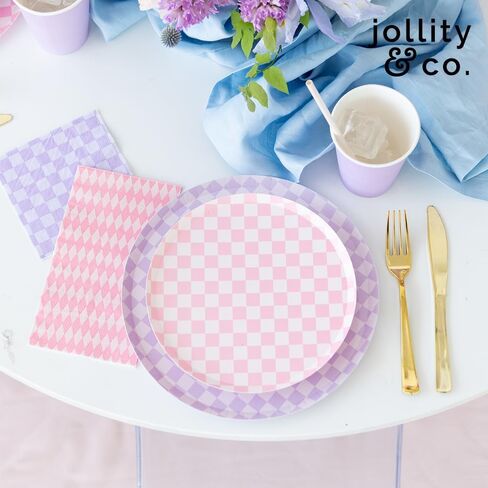 Jollity & Co Check It! Dessert Plates - Tickle Me Pink Paper Plates - Pack of 8 Cake Plates Disposable - Checkered Pattern Party Plates for Baby Showers, Summer Parties, Birthday Decorations in Saudi Arabia