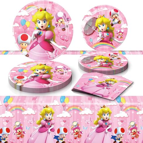 لوازم حفلات عيد ميلاد الأميرة بيتش، 20 طبق، 20 منديل و1 غطاء طاولة لتزيين الحفلات ذات طابع ماريو للفتيات in Kuwait