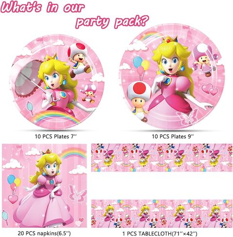 لوازم حفلات عيد ميلاد الأميرة بيتش، 20 طبق، 20 منديل و1 غطاء طاولة لتزيين الحفلات ذات طابع ماريو للفتيات in Kuwait