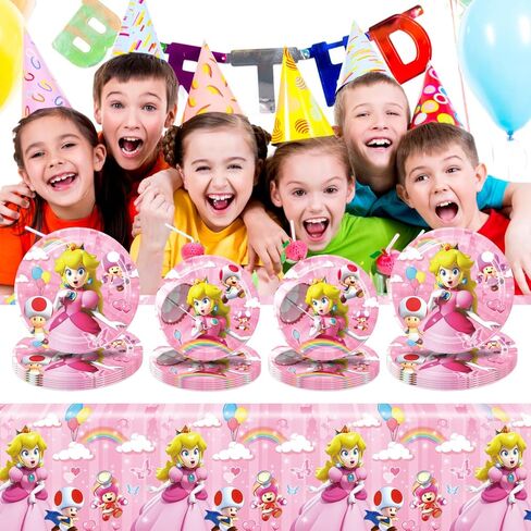 لوازم حفلات عيد ميلاد الأميرة بيتش، 20 طبق، 20 منديل و1 غطاء طاولة لتزيين الحفلات ذات طابع ماريو للفتيات in Kuwait