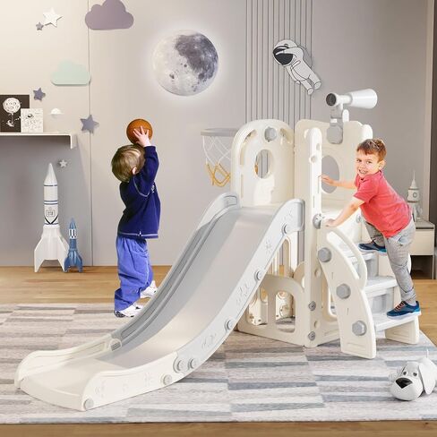 Toddler Slide, 6 in 1 Kids Indoor Slide for Toddlers 1-3, Baby Indoor and Outdoor Climber Playset, Kids Slide with Basketball Hoop and Telescope, Toddler Outdoor Playground (Blue&Gray) in Saudi Arabia