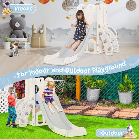 Toddler Slide, 6 in 1 Kids Indoor Slide for Toddlers 1-3, Baby Indoor and Outdoor Climber Playset, Kids Slide with Basketball Hoop and Telescope, Toddler Outdoor Playground (Blue&Gray) in Saudi Arabia