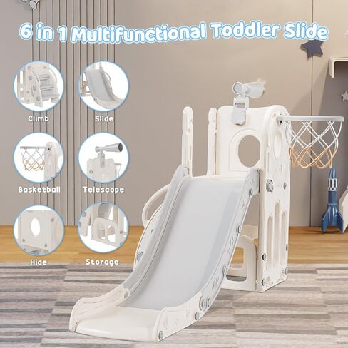 Toddler Slide, 6 in 1 Kids Indoor Slide for Toddlers 1-3, Baby Indoor and Outdoor Climber Playset, Kids Slide with Basketball Hoop and Telescope, Toddler Outdoor Playground (Blue&Gray) in Saudi Arabia