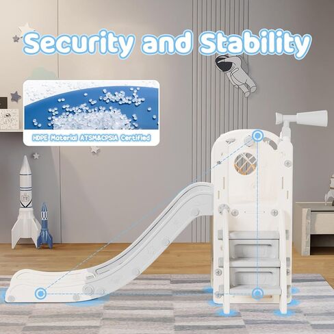 Toddler Slide, 6 in 1 Kids Indoor Slide for Toddlers 1-3, Baby Indoor and Outdoor Climber Playset, Kids Slide with Basketball Hoop and Telescope, Toddler Outdoor Playground (Blue&Gray) in Saudi Arabia