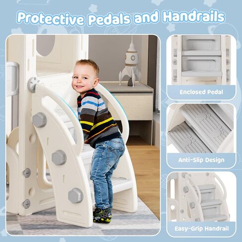 Toddler Slide, 6 in 1 Kids Indoor Slide for Toddlers 1-3, Baby Indoor and Outdoor Climber Playset, Kids Slide with Basketball Hoop and Telescope, Toddler Outdoor Playground (Blue&Gray) in Saudi Arabia