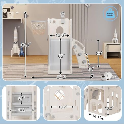 Toddler Slide, 6 in 1 Kids Indoor Slide for Toddlers 1-3, Baby Indoor and Outdoor Climber Playset, Kids Slide with Basketball Hoop and Telescope, Toddler Outdoor Playground (Blue&Gray) in Saudi Arabia
