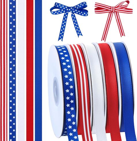 5 لفات 100 ياردة شريط سلكي وطني أحمر وأبيض وأزرق نجمة وشريط Grosgrain مخطط للحرف اليدوية في الرابع من يوليو يوم الاستقلال التذكاري لتزيين الهدايا، عرض 3/8 بوصة in Kuwait