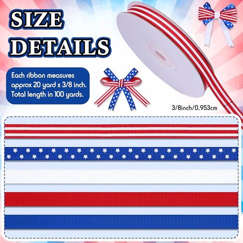 5 لفات 100 ياردة شريط سلكي وطني أحمر وأبيض وأزرق نجمة وشريط Grosgrain مخطط للحرف اليدوية في الرابع من يوليو يوم الاستقلال التذكاري لتزيين الهدايا، عرض 3/8 بوصة in Kuwait