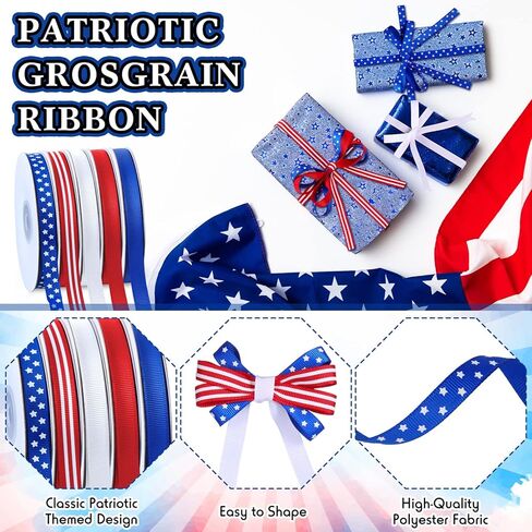 5 لفات 100 ياردة شريط سلكي وطني أحمر وأبيض وأزرق نجمة وشريط Grosgrain مخطط للحرف اليدوية في الرابع من يوليو يوم الاستقلال التذكاري لتزيين الهدايا، عرض 3/8 بوصة in Kuwait