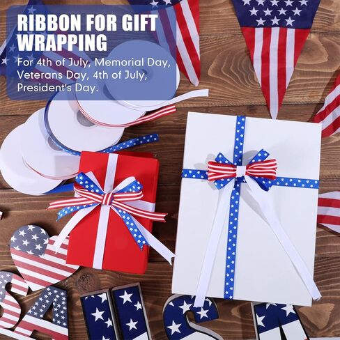 5 لفات 100 ياردة شريط سلكي وطني أحمر وأبيض وأزرق نجمة وشريط Grosgrain مخطط للحرف اليدوية في الرابع من يوليو يوم الاستقلال التذكاري لتزيين الهدايا، عرض 3/8 بوصة in Kuwait