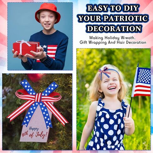 5 لفات 100 ياردة شريط سلكي وطني أحمر وأبيض وأزرق نجمة وشريط Grosgrain مخطط للحرف اليدوية في الرابع من يوليو يوم الاستقلال التذكاري لتزيين الهدايا، عرض 3/8 بوصة in Kuwait