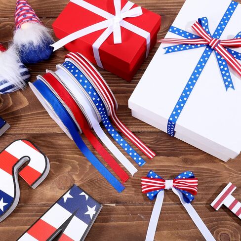 5 لفات 100 ياردة شريط سلكي وطني أحمر وأبيض وأزرق نجمة وشريط Grosgrain مخطط للحرف اليدوية في الرابع من يوليو يوم الاستقلال التذكاري لتزيين الهدايا، عرض 3/8 بوصة in Kuwait