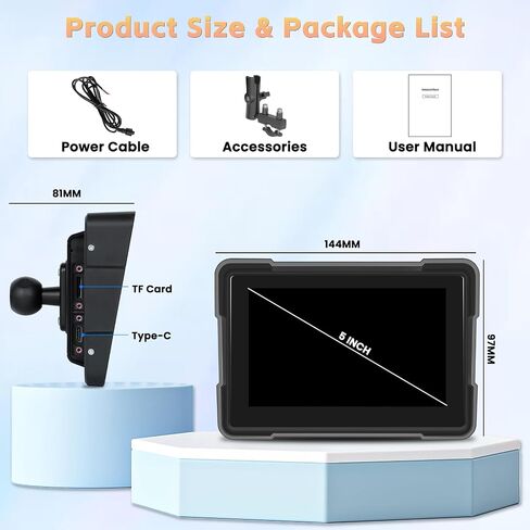 Hikity 5 Inch Wireless Apple Carplay Screen for Motorcycle, Touch Screen Motorcycle GPS Navigator, Bluetooth, EQ, Mirror Link, TF Input, IP67 Waterproof Stereo for Motorbike in Saudi Arabia