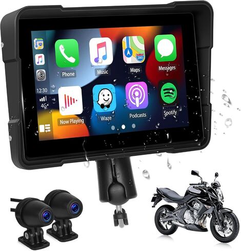 Portable Wireless Apple Carplay Android Auto Screen for Motorcycle with Dual Dash Camera Front and Rear, 5" Touch Screen Car Radio with Bluetooth, IP67 Waterproof, Airplay, Siri, EQ, Loop Recording in Saudi Arabia