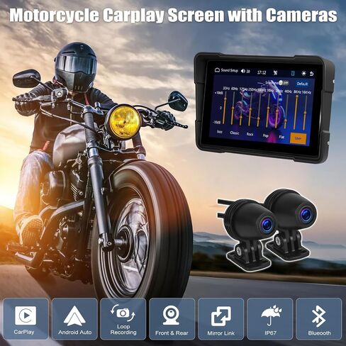 Portable Wireless Apple Carplay Android Auto Screen for Motorcycle with Dual Dash Camera Front and Rear, 5" Touch Screen Car Radio with Bluetooth, IP67 Waterproof, Airplay, Siri, EQ, Loop Recording in Saudi Arabia