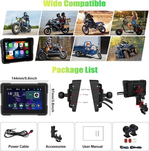 Portable Wireless Apple Carplay Android Auto Screen for Motorcycle with Dual Dash Camera Front and Rear, 5" Touch Screen Car Radio with Bluetooth, IP67 Waterproof, Airplay, Siri, EQ, Loop Recording in Saudi Arabia