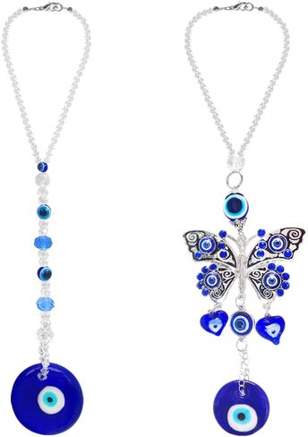 مجموعتان من إكسسوارات تعليق مرآة السيارة ذات عين الشر، زينة سيارة عين الشر الزرقاء من FineGood، قلادة تزيين سيارة محظوظة لمرآة الرؤية الخلفية in Kuwait