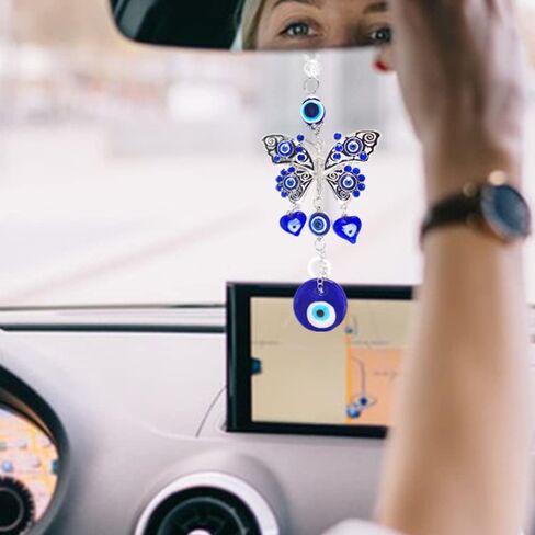مجموعتان من إكسسوارات تعليق مرآة السيارة ذات عين الشر، زينة سيارة عين الشر الزرقاء من FineGood، قلادة تزيين سيارة محظوظة لمرآة الرؤية الخلفية in Kuwait